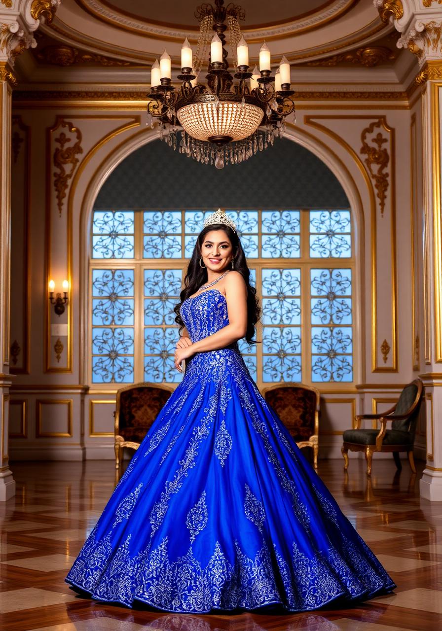 Quinceañera en vestido azul real en salón ornamentado